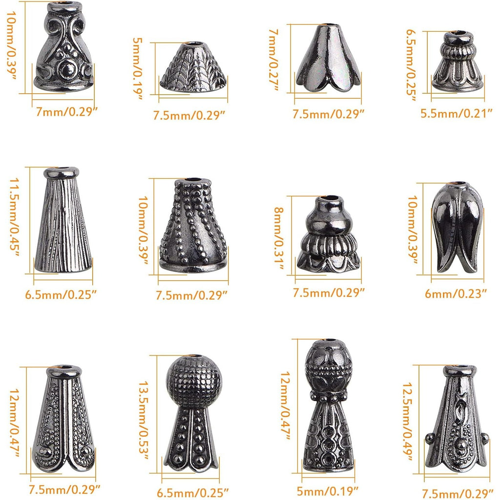 100 Gram (About 110-150pcs) Assorted Styles Cone Bead Caps Tibetan Alloy Flower Spacer Bead Caps Tassel End Caps for DIY Crafts Jewelry Making Supplies, Gun Black