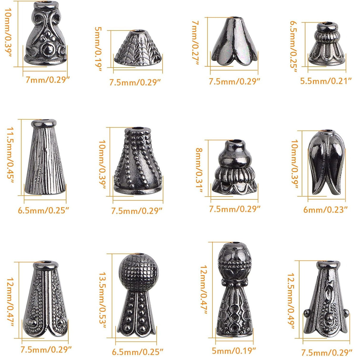 100 Gram (About 110-150pcs) Assorted Styles Cone Bead Caps Tibetan Alloy Flower Spacer Bead Caps Tassel End Caps for DIY Crafts Jewelry Making Supplies, Gun Black