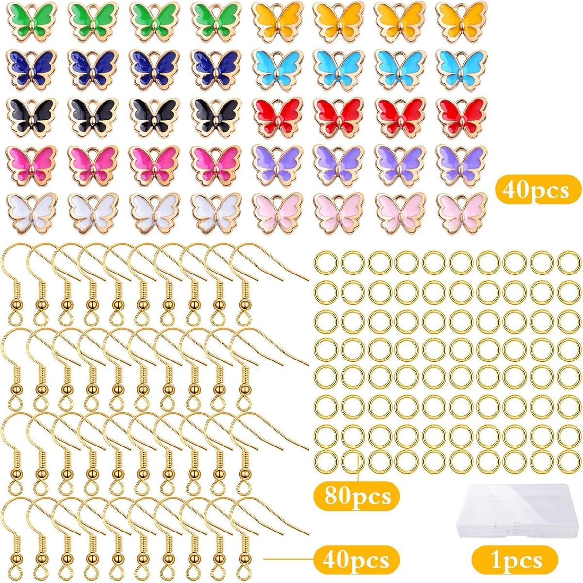 40pcs 10 Colors Enamel Butterfly Charm Pendants and 40pcs Golden Plated Earring Hooks with 80pcs Open Jump Rings, A Plastic Box for DIY Jewelry Making Handmade Supplies