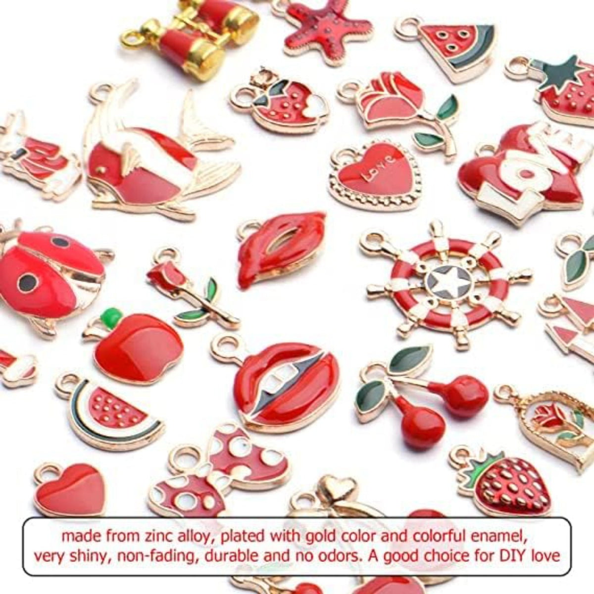 Enamel Charms,31pcs Red Theme Mixed Cute Enamel Charms Gold Plated Enamel Pendants Star Fruit Flower Charms for Making Jewelry Necklace Bracelet Earring