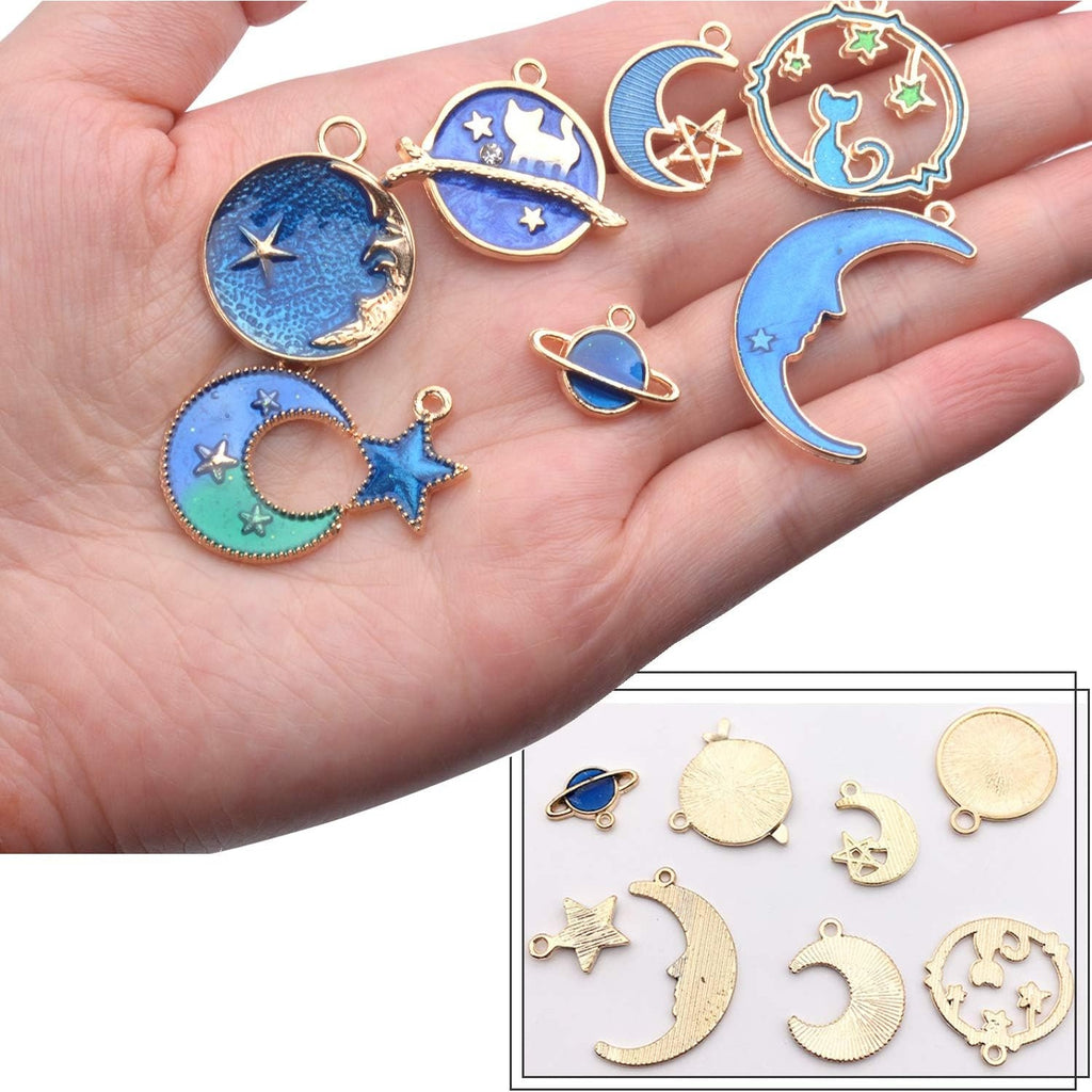24 Pieces Gold Plated Enamel Charms Pendants, Blue Enamel Moon Star Pendant Crafting Accessories for Making Earrings Necklace DIY, 8 Styles
