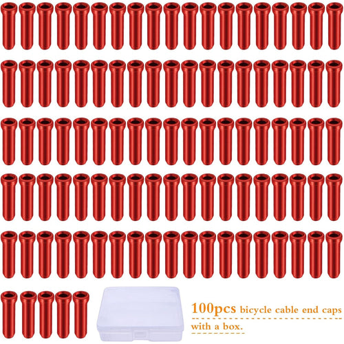 100pcs Aluminum Alloy Bike Cable End Caps, Red, 12mm, with Box for Road & Mountain Bikes
