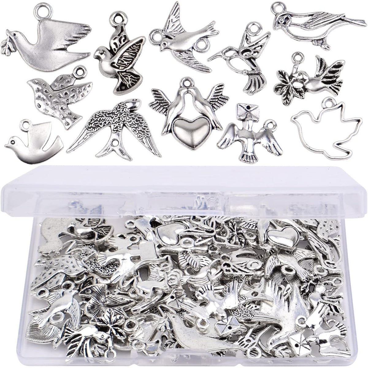 60pcs 12 Styles Bird Charms Tibetan Alloy Swallow Hummingbird Pendants Vintage Animal Charms with a Box for DIY Bracelet Necklace Jewelry Making, Antique Silver