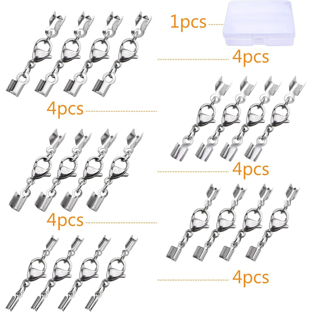 20pcs Lobster Claw Clasps with Cord Ends Stainless Steel Leather Fold Over Necklace Cord End Caps Connector with a Plastic Box for DIY Bracelets Chokers Jewelry Making, 5 Sizes