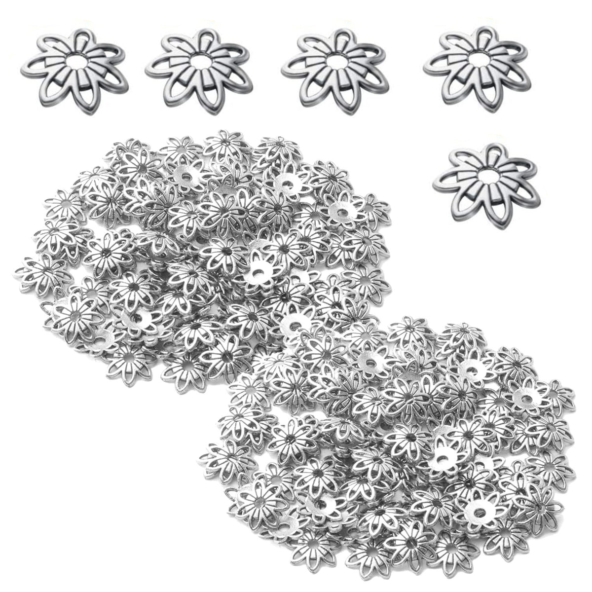 200pcs 10mm Filigree Flower Bead Caps, Alloy, Antique Gold & Silver, DIY Bracelet Earring Jewelry Making