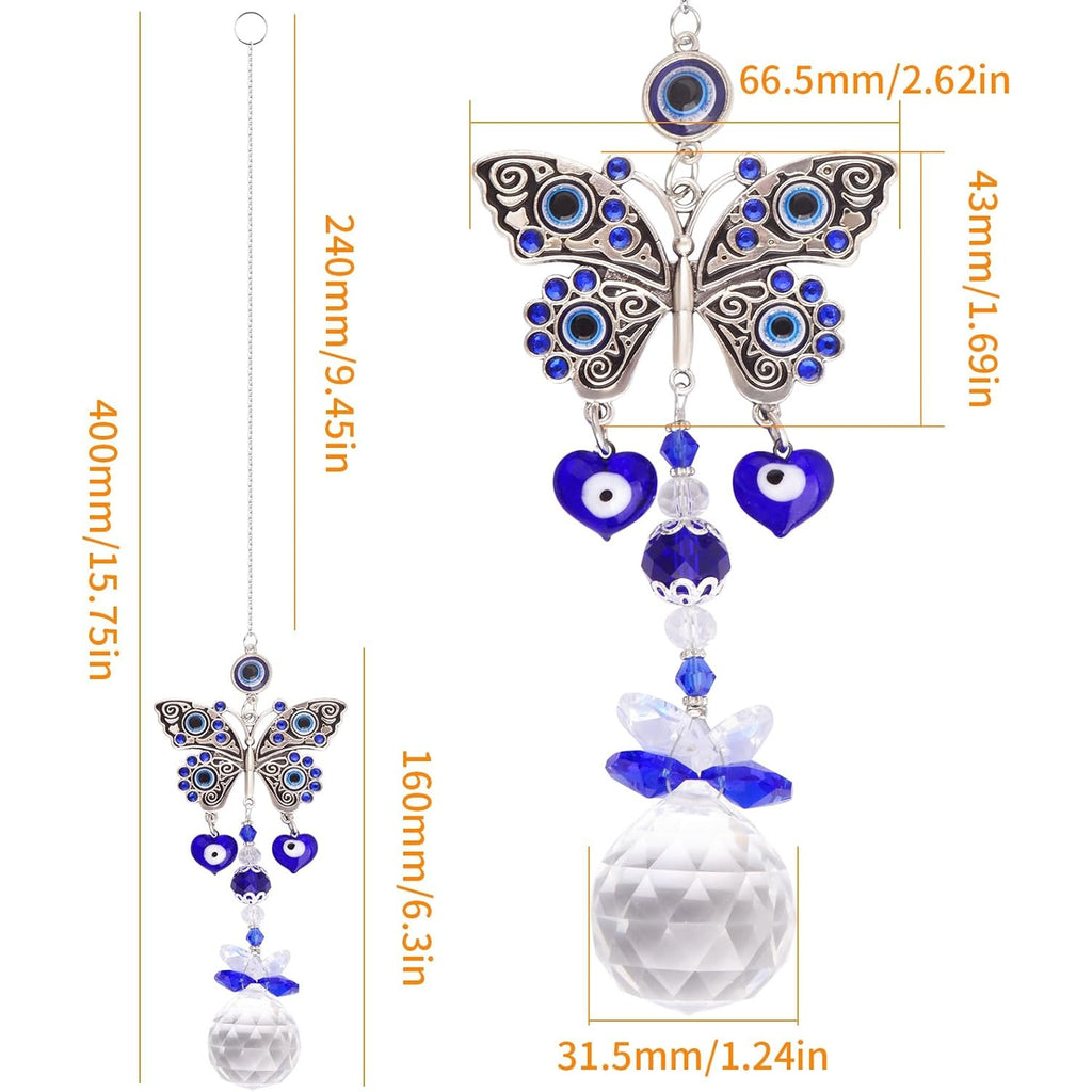 1pcs Blue Evil Eye Suncatcher Butterfly Hanging Crystal Ornament Protection Charm Prism Pendant Sun Catcher Car Ornaments Accessories for Home Office Garden Window Wall Decor
