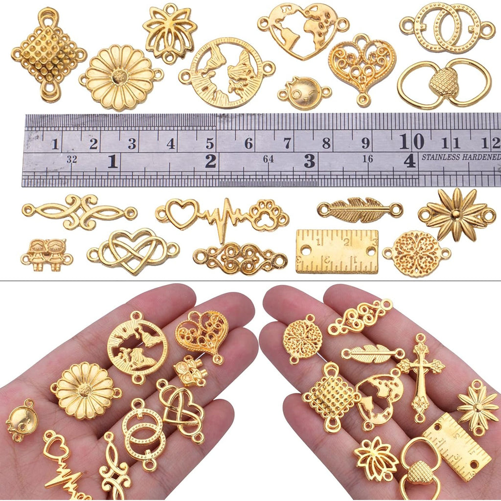 100g Gold Plated Jewelry Charms Connectors, Flower Leaf Heart Round Ruler Charm Pendant Connectors Bracelet Charm Connector for DIY Jewelry Making Accessory