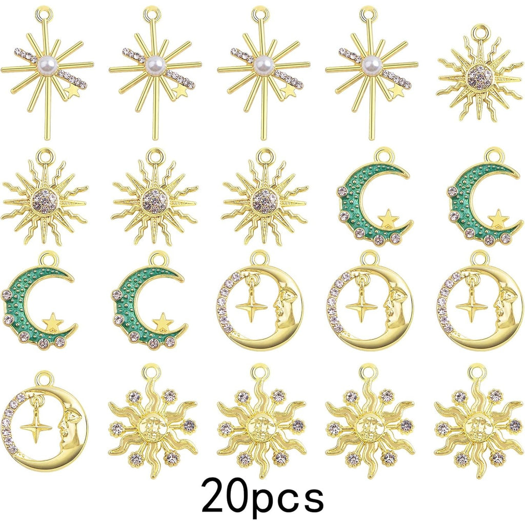 20pcs KC Golden Plated Enamel Crescent Moon Star Charms with Rhinestone Alloy Crystal Celestial Moon Dangle Pendants for DIY Necklaces Earrings Jewelry Making Decor, 5 Styles