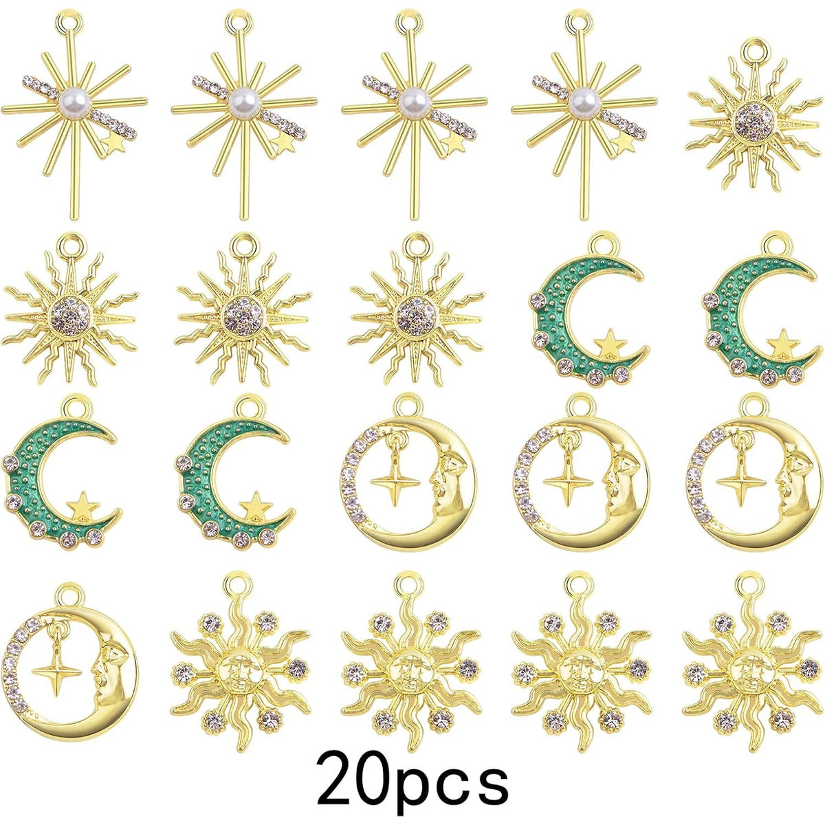 20pcs KC Golden Plated Enamel Crescent Moon Star Charms with Rhinestone Alloy Crystal Celestial Moon Dangle Pendants for DIY Necklaces Earrings Jewelry Making Decor, 5 Styles