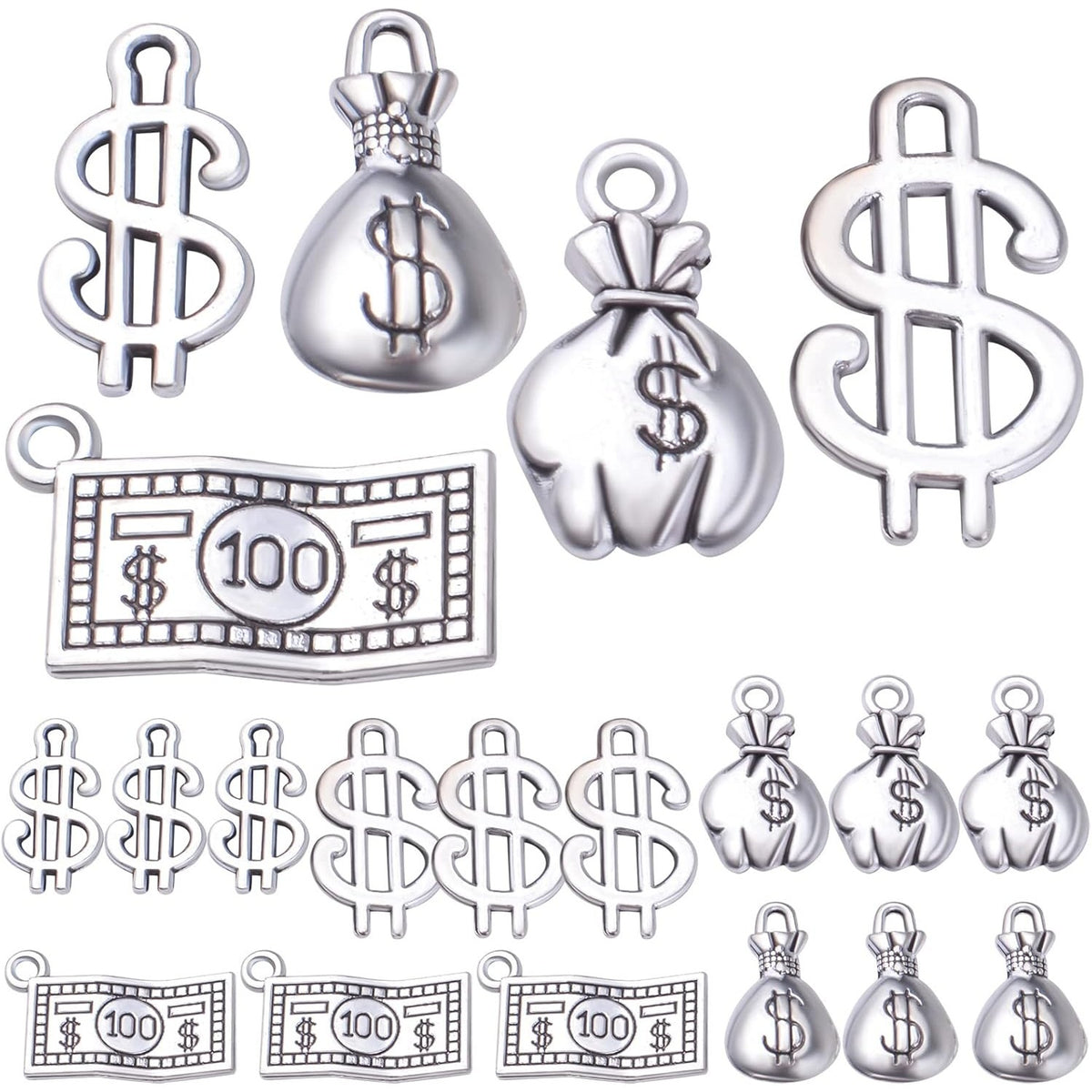 50pcs Antique Silver Dollar Sign Charms Tibetan Alloy Money Bag Pendants 100 Dollars Bill Charms for DIY Bracelets Necklace Jewelry Making Handmade Decoration, 5 Styles