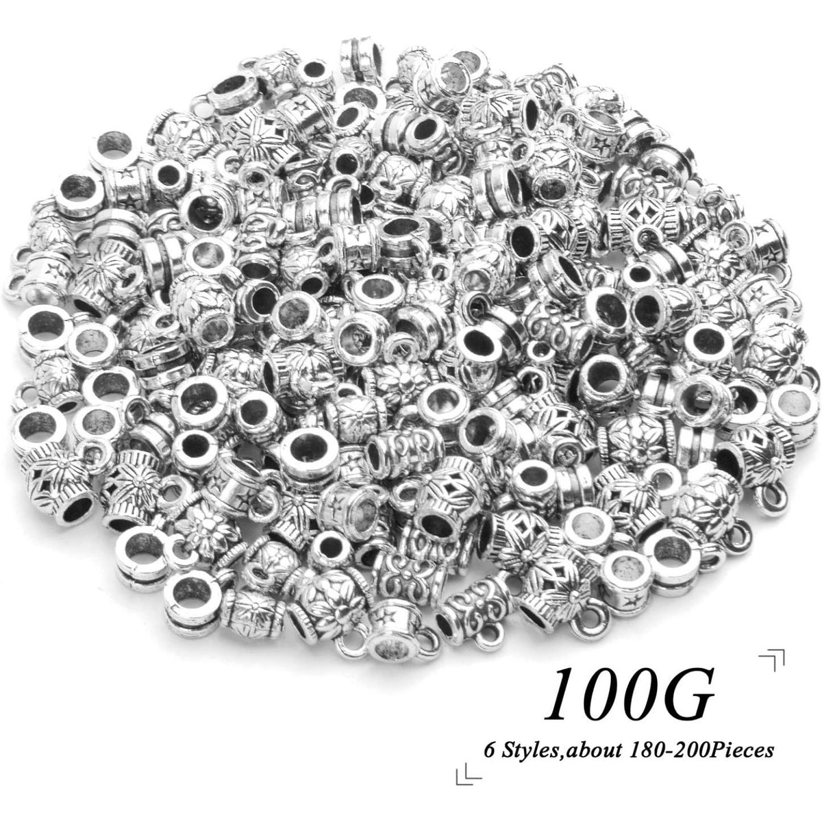100g (120-220pcs) Tibetan Silver Bail Beads Jewelry Connector Bails Beads for Necklace Bracelet Jewelry Making,6 Styles
