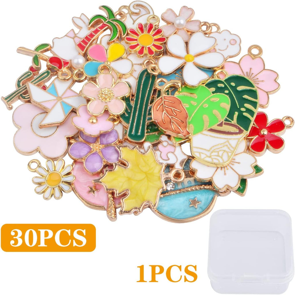 30pcs Assorted Enamel Floral Themed Flower Plant Series Charms Cute Rose Cactus Tree Leaf Dangle Pendants with a Plastic Box for DIY Necklace Earrings Jewelry Making Supplies