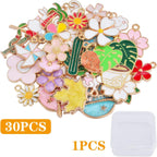 30pcs Assorted Enamel Floral Themed Flower Plant Series Charms Cute Rose Cactus Tree Leaf Dangle Pendants with a Plastic Box for DIY Necklace Earrings Jewelry Making Supplies