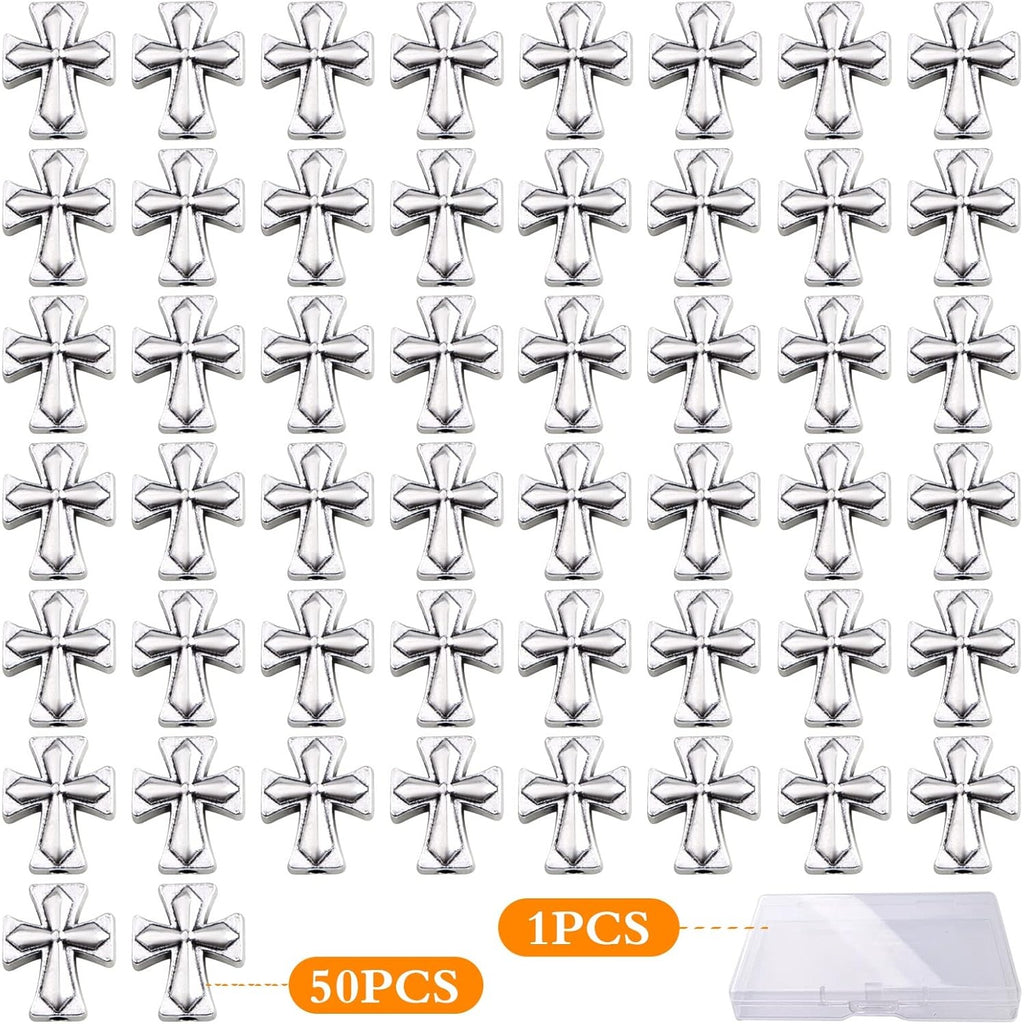 50pcs Antique Silver Cross Spacer Beads Tibetan Alloy Cross Crucifix Charm Beads with A Box Craft Supplies for DIY Jewelry Bracelet Jewelry Making, 13 mm × 11 mm