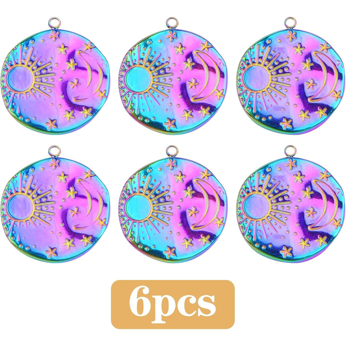 6pcs Stainless Steel Celestial Moon Star Charms Flat Round Sun Moon Star Pattern Dangle Pendants Jewelry Findings for DIY Bracelet Necklace Earrings Craft Decor, Rainbow Color
