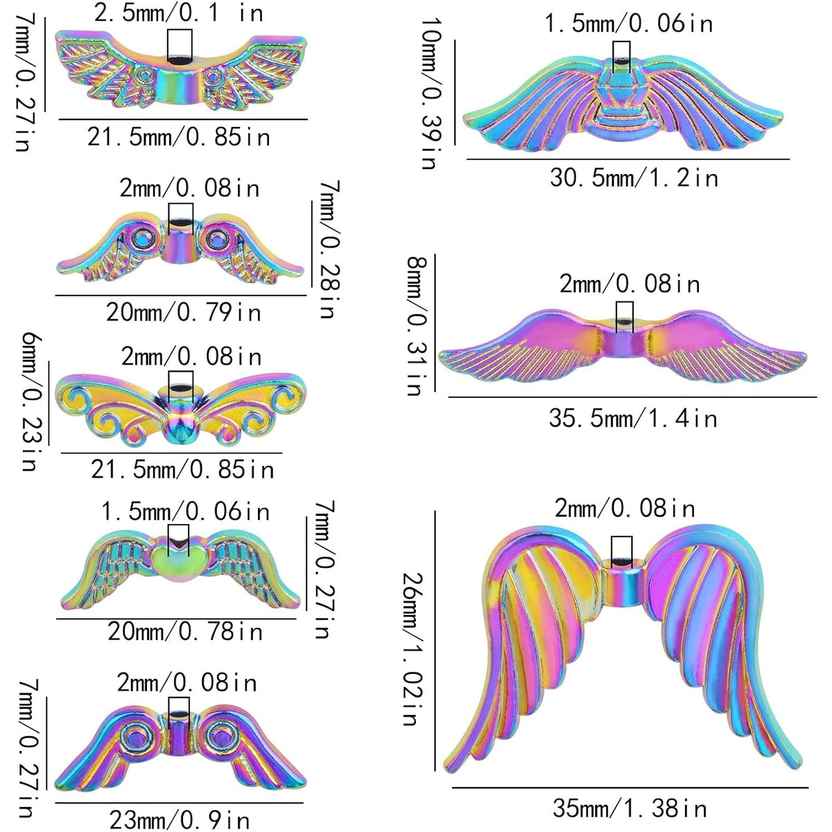 16cs 8 Styles Stainless Steel Angel Wing Spacer Beads Shiny Angel Fairy Wings Charm Beads Handmade Accessories for DIY Necklaces Bracelets Earrings Jewelry Making, Rainbow Color