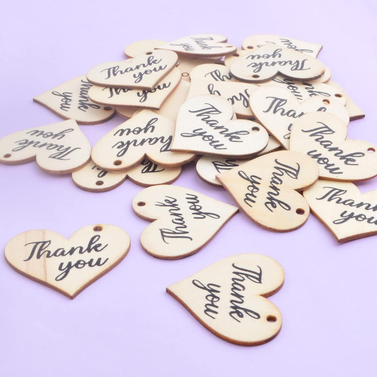 50pcs Heart Shape Wooden Slices Unfinished "Thank You" Wood Pieces Heart Wooden Gift Tags with Hole Hanging Ornaments with Twine for Party Christmas Valentine's Day Decoration