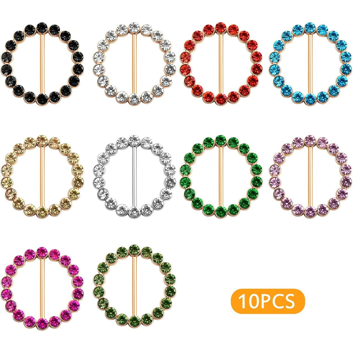 10 Pieces Metal Round Scarf Ring Clips Waist Buckle Circle Clip T-Shirt Silk Tie Pin Clips with Bling Rhinestone for Women Fashion Clothes Hat Belt Decor, 10 Colors