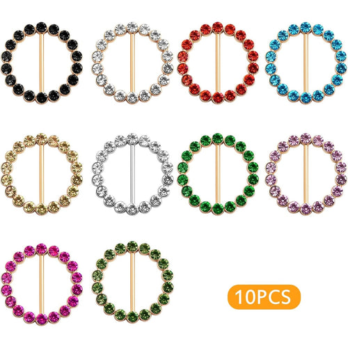 10 Pieces Metal Round Scarf Ring Clips Waist Buckle Circle Clip T-Shirt Silk Tie Pin Clips with Bling Rhinestone for Women Fashion Clothes Hat Belt Decor, 10 Colors