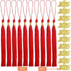 10pcs Graduation Tassels Red Handmade Tassel Grad Cap Decorations with 10pcs Golden 2025 Year Date Charms for 2025 Graduates Graduation Hats Ceremonies Parties Celebrations