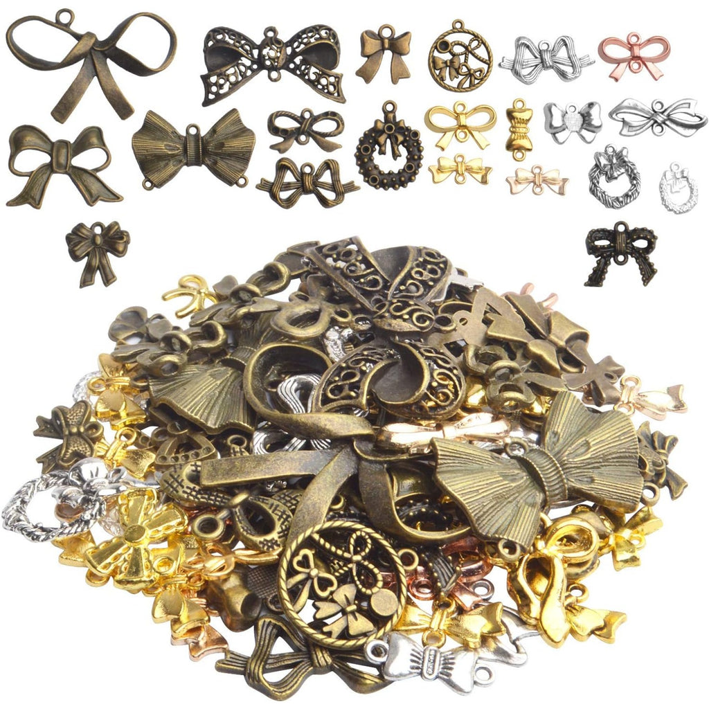 Bow Pendant Charms, 100 Gram(About 50-80pcs) Alloy Bow Tie Pendant Mixed Bow Pendant Handmade Bowknot Charms Crafts for Bracelet Necklace Jewelry Making, 10-70mm