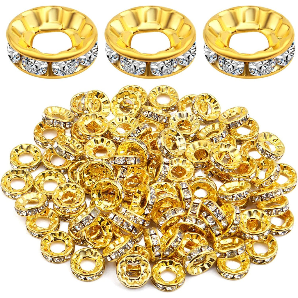 100pcs 10 mm Golden Plated Rhinestone Spacer Beads Large Hole European Rondelle Beads Round Shiny Crystal Loose Beads for DIY Bracelet Necklace Jewelry Making