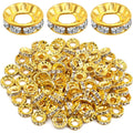 100pcs 10 mm Golden Plated Rhinestone Spacer Beads Large Hole European Rondelle Beads Round Shiny Crystal Loose Beads for DIY Bracelet Necklace Jewelry Making