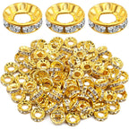 100pcs 10 mm Golden Plated Rhinestone Spacer Beads Large Hole European Rondelle Beads Round Shiny Crystal Loose Beads for DIY Bracelet Necklace Jewelry Making
