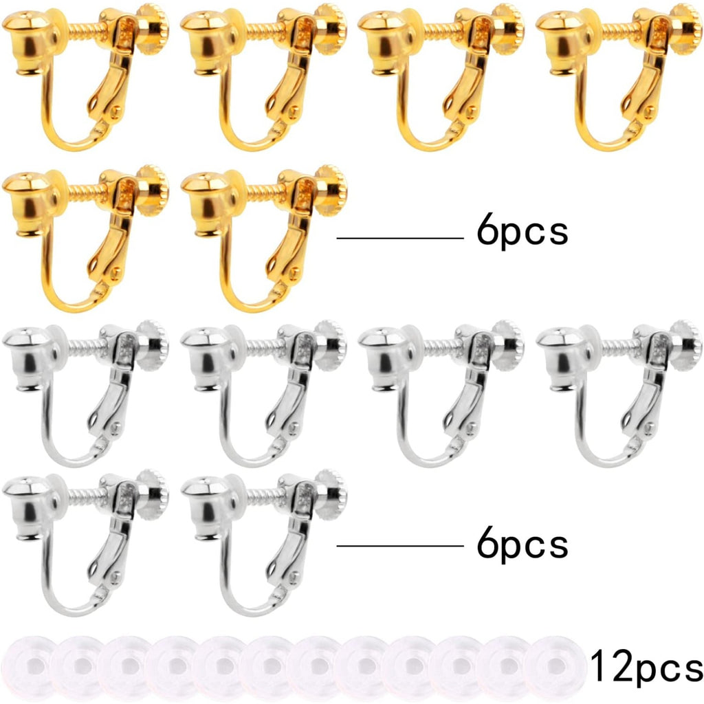 12pcs 2 Colors Screw Earring Clips Converters Brass U Shaped Adjustable Earring Components and 12pcs Clear Comfort Earring Cushions for Non-Pierced Ears DIY Jewelry Making