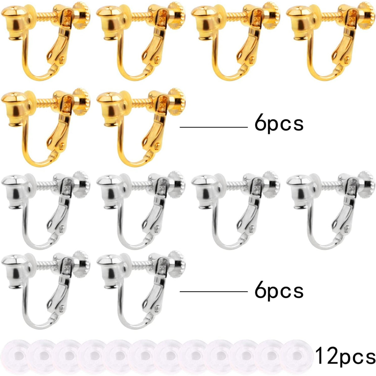 12pcs 2 Colors Screw Earring Clips Converters Brass U Shaped Adjustable Earring Components and 12pcs Clear Comfort Earring Cushions for Non-Pierced Ears DIY Jewelry Making