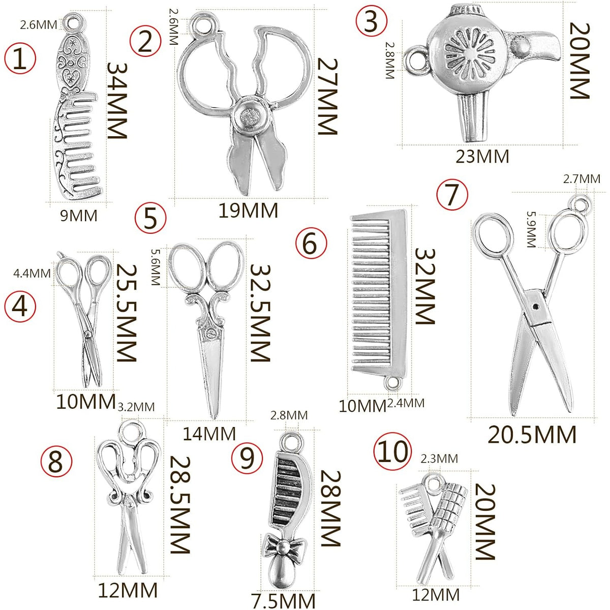 60pcs 10 Styles Hairdresser Charms Collection Hair Stylist Charms Pendant Scissor Comb Hairdressing Tools for DIY Necklace Bracelet Jewelry Making