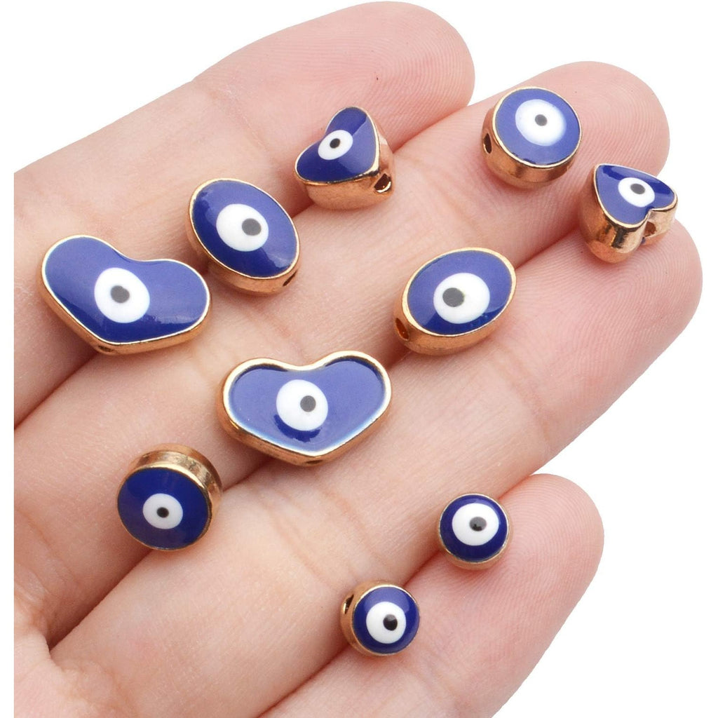 Blue Evil Eye Beads,30pcs Alloy Evil Eye Spacer Beads Round Heart Oval Evil Eye Beads Charms Gold Plated Evil Eye Beads Bulk for DIY Bracelet Necklace Crafts Jewelry,1-6mm Diameter