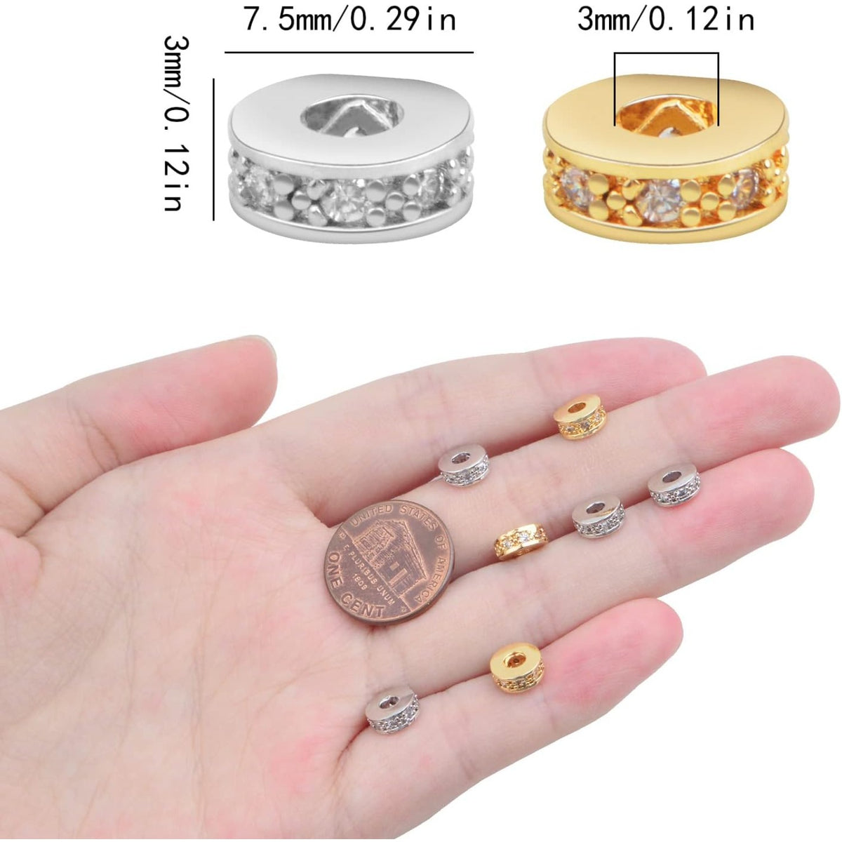 12pcs Brass Cubic Zirconia Spacer Beads Flat Round Micro Pave Zirconia Charm Beads Rondelle Rhinestone Spacer Beads for DIY Bracelet Necklace Jewelry Making Supplies, 2 Colors