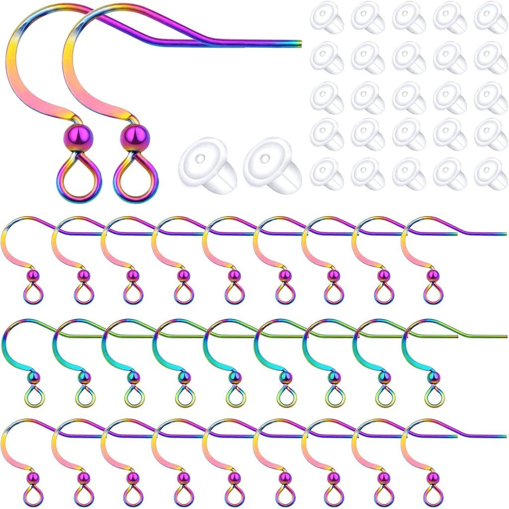 50pcs Stainless Steel Earring Hooks Hypoallergenic Ear Wires Earring Fish Hooks with 50pcs Clear Silicone Earring Backs for DIY Jewelry Making(Rainbow Color)
