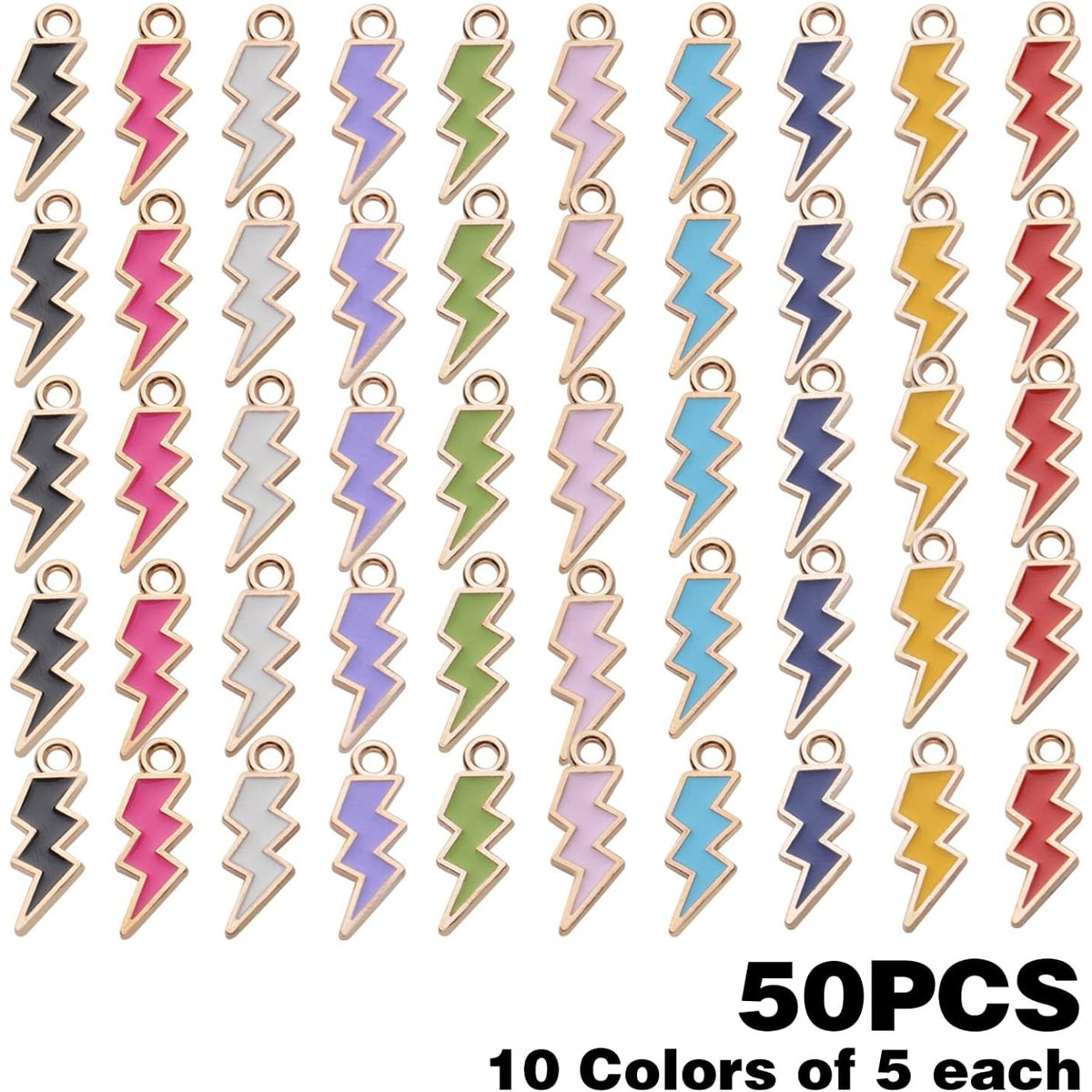 50pcs Enamel Lightning Bolt Charm Pendants Gold Plated Alloy Flash Lightning Charm Celestial Dangle Charms for Bracelet Necklace Earrings DIY Jewelry Making Supplies,10 Colors