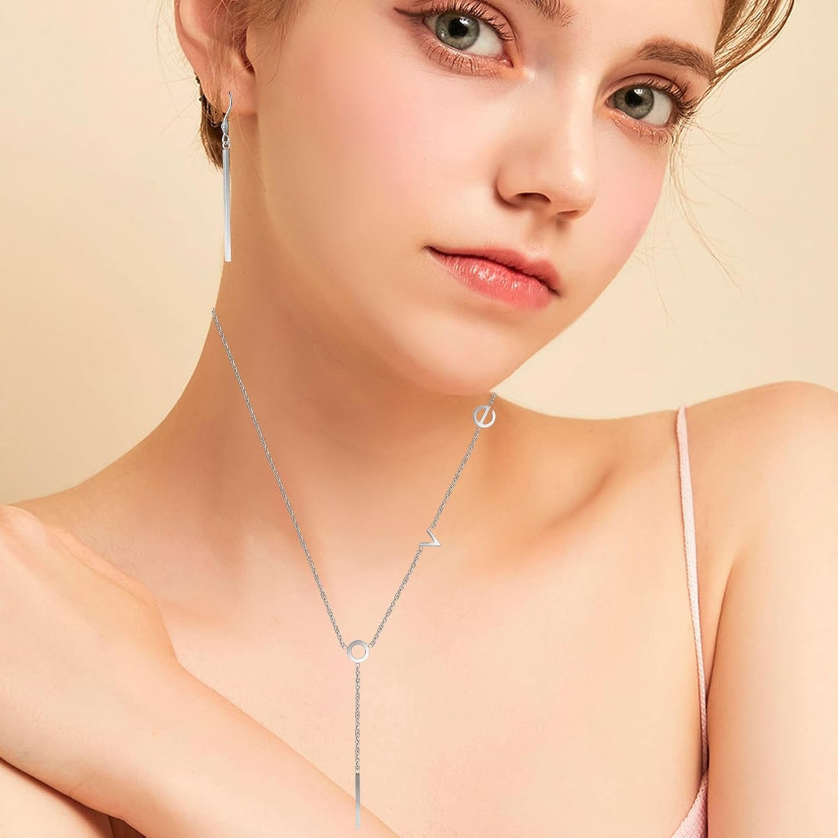 1pcs Stainless Steel Letters Love Pendant Necklace and 1 Pair Long Vertical Bar Drop Earrings Fish Hooks Jewelry Set for Women