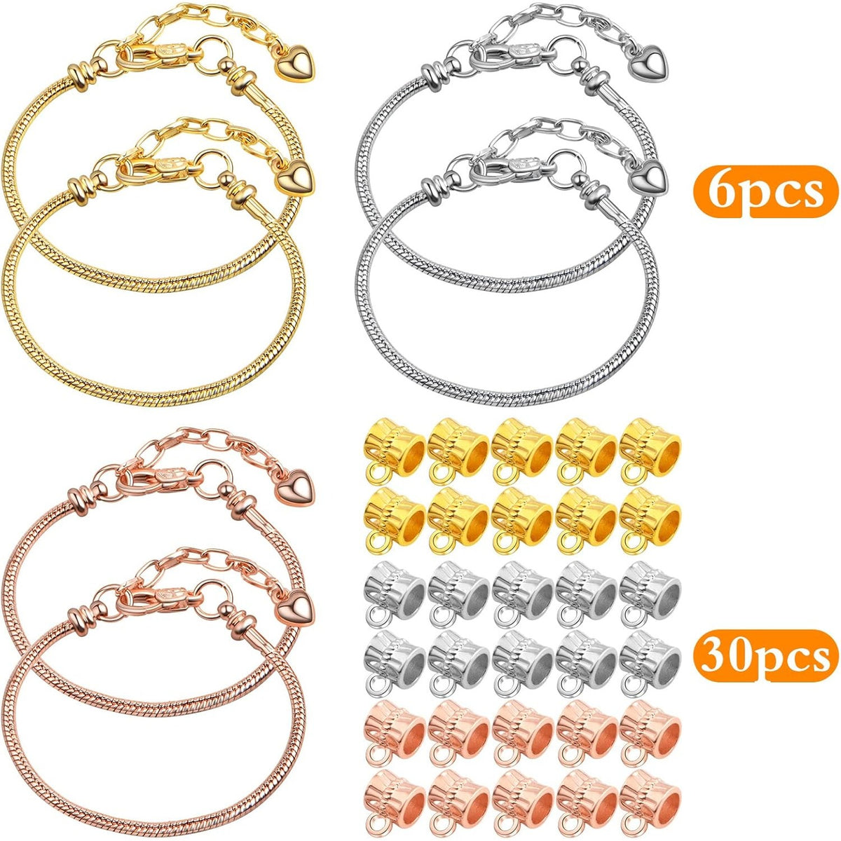 6pcs Snake Bone Chains Metal Snake Chain Spool Short Layered Necklaces with 30pcs Large Hole Spacer Beads Bails Bead Connectors for DIY Bracelet Jewelry Making, 3 Colors