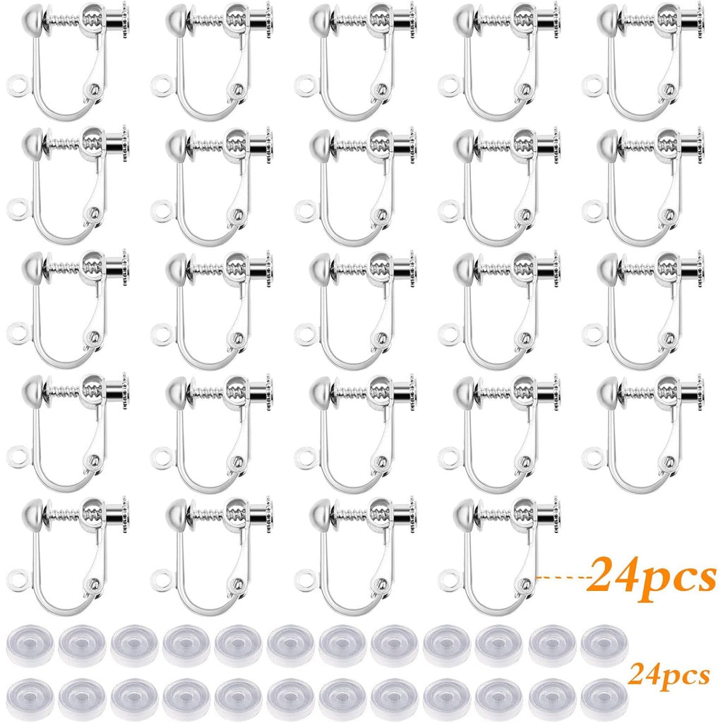 24pcs Clip-on Earring Converters Brass Screw Back Earwire Non Pierced Earring Components with Loop and 24pcs Anti-Pain Ear Pads for DIY Jewelry Making, Bright Silver