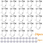 24pcs Clip-on Earring Converters Brass Screw Back Earwire Non Pierced Earring Components with Loop and 24pcs Anti-Pain Ear Pads for DIY Jewelry Making, Bright Silver