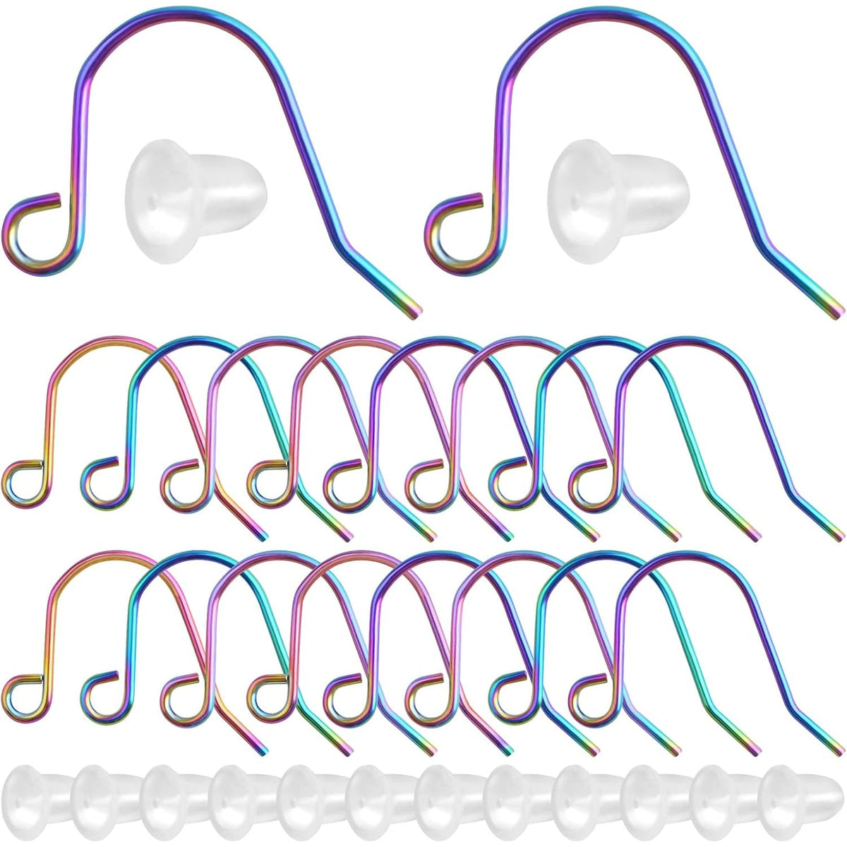 50pcs Stainless Steel Earring Hooks Hypoallergenic Ear Wire Fish Hooks and 50pcs Clear Silicone Earring Backs for DIY Earrings Jewelry Making Findings, Rainbow Color