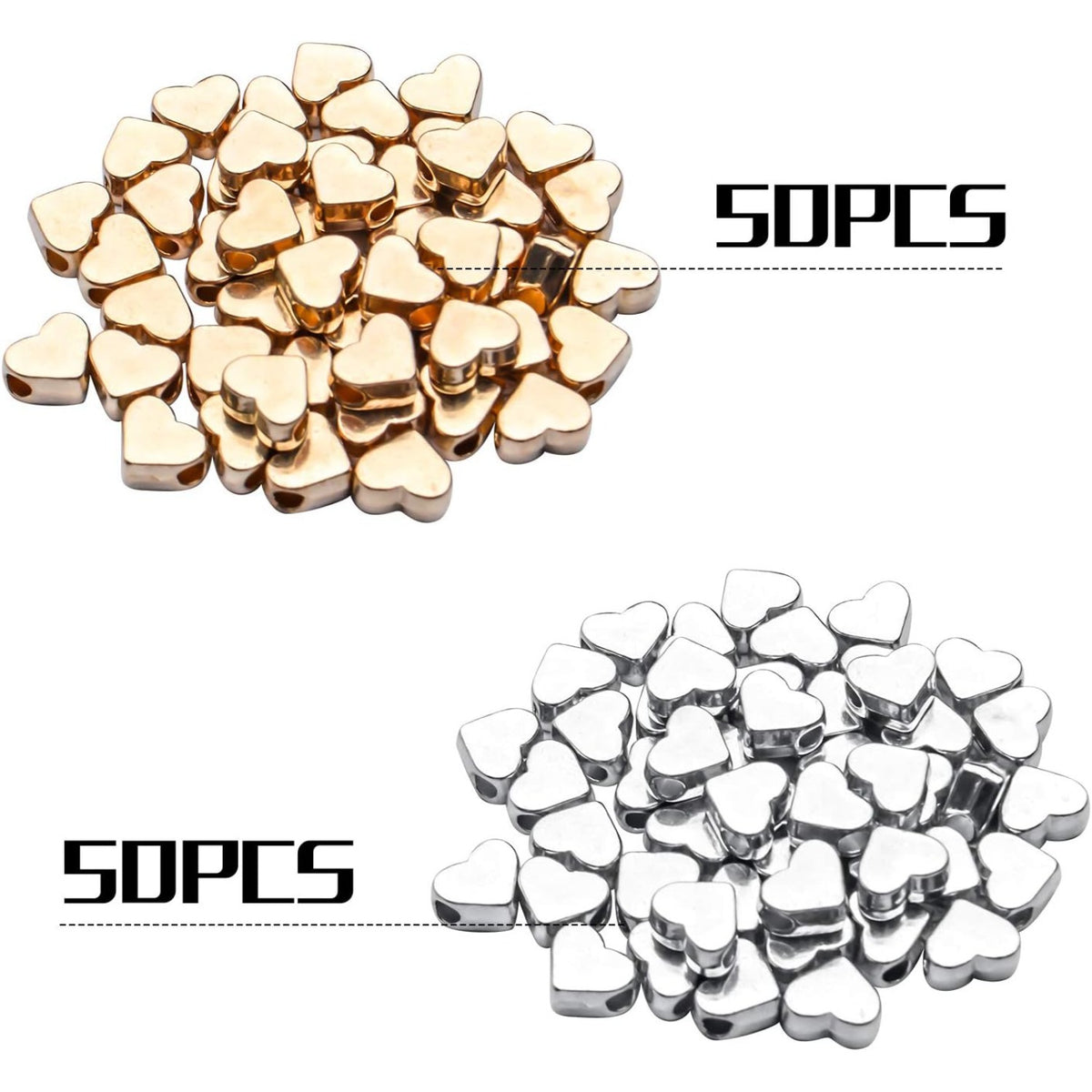 100 Pieces Heart Shape Beads European Heart Spacers Loose Beads Jewelry Heart Charms for DIY Jewelry Necklace Earring Bracelet Handmade Crafts Supplies (Gold, Silver)