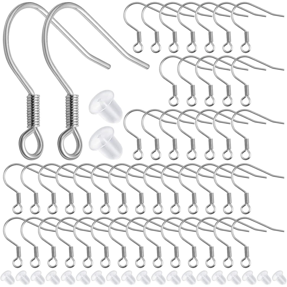 50pcs Stainless Steel Earring Hooks Hypoallergenic French Ear Wire Fish Hooks with 50pcs Clear Silicone Earring Backs for DIY Dangle Earrings Jewelry Making Decor