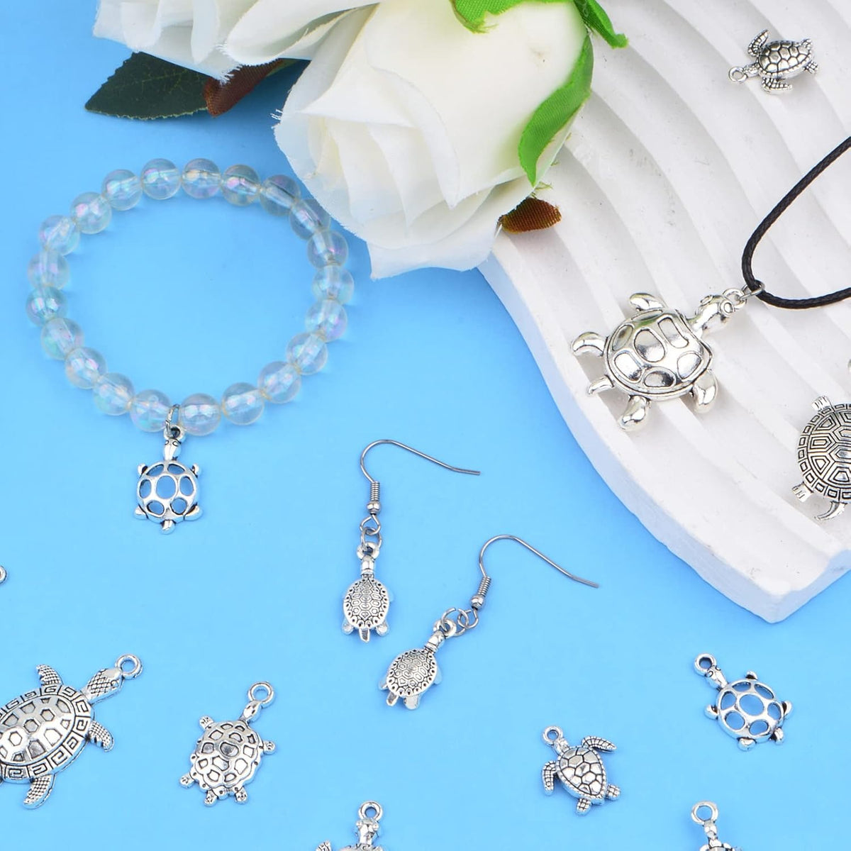 75pcs 15 Styles Tibetan Silver Mixed Turtle Shape Charms Vintage Alloy Sea Turtle Tortoise Dangle Pendants for DIY Necklace Bracelet Jewellery Making Supplies