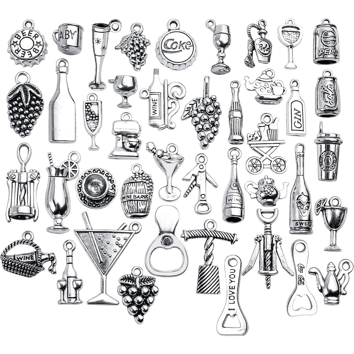 42pcs Tibetan Silver Pendants Wine Bottle Barrel Glass Opener Grape Antique Wine Charms Accessories Jewelry Findings for DIY Necklace Bracelet