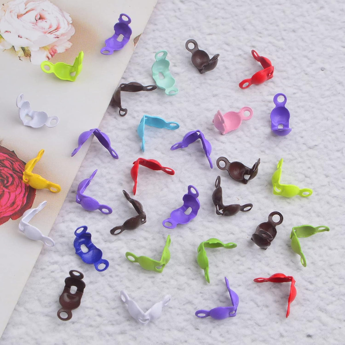 500 Pieces Multicolored Bead Tips Knot Covers Metal Open Clamshell Crimp Beads Tips Fold-Over Bead Covers Findings for DIY Bracelets Necklaces Crafts Jewelry Making