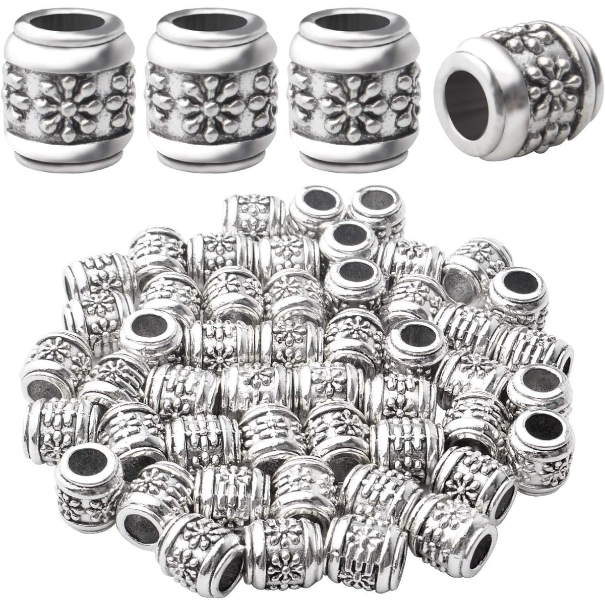 50pcs Antique Silver Large Hole Spacer Beads Alloy European Style Tube Bead Spacer Tibetan Beads Column Spacers Jewelry Spacer Charms for DIY Bracelet Jewelry Crafts Making, Hole: 5mm