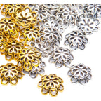 Bead Caps, 100pcs 10 mm Alloy Hollow Double Flower Bead Caps Loose Bead Spacer End Bead Caps for Bracelet Necklace Earring Crafts Making, Antique Golden and Antique Silver