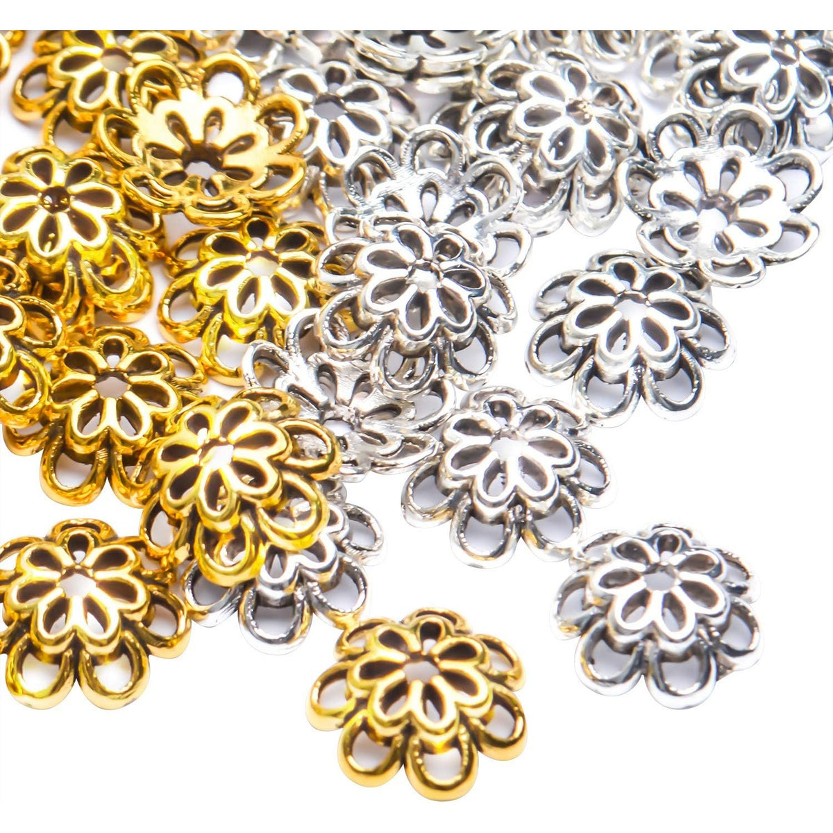 Bead Caps, 100pcs 10 mm Alloy Hollow Double Flower Bead Caps Loose Bead Spacer End Bead Caps for Bracelet Necklace Earring Crafts Making, Antique Golden and Antique Silver