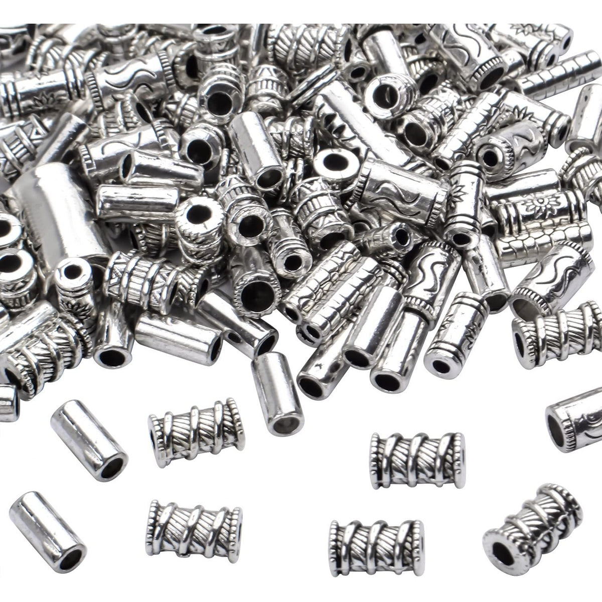 100g (About 80-150pcs) Assorted Column Spacer Beads Tibetan Silver Tube Beads for Bracelet Necklace Jewelry Making Crafts DIY,7 Styles,4-16mm