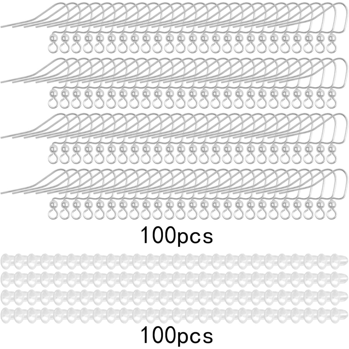 100pcs Stainless Steel Earring Hooks Hypoallergenic French Ear Wire Ball Fish Hooks with 100pcs Clear Earring Safety Backs for DIY Earrings Jewelry Making Supplies